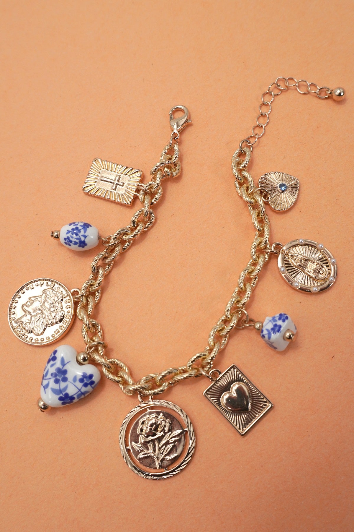 Blue Ceramic coin cross charm Bracelet